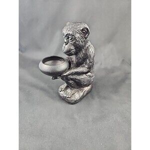 Metal Monkey Holding Bowl Vintage Figurine 6.5” Tall Candle Holder